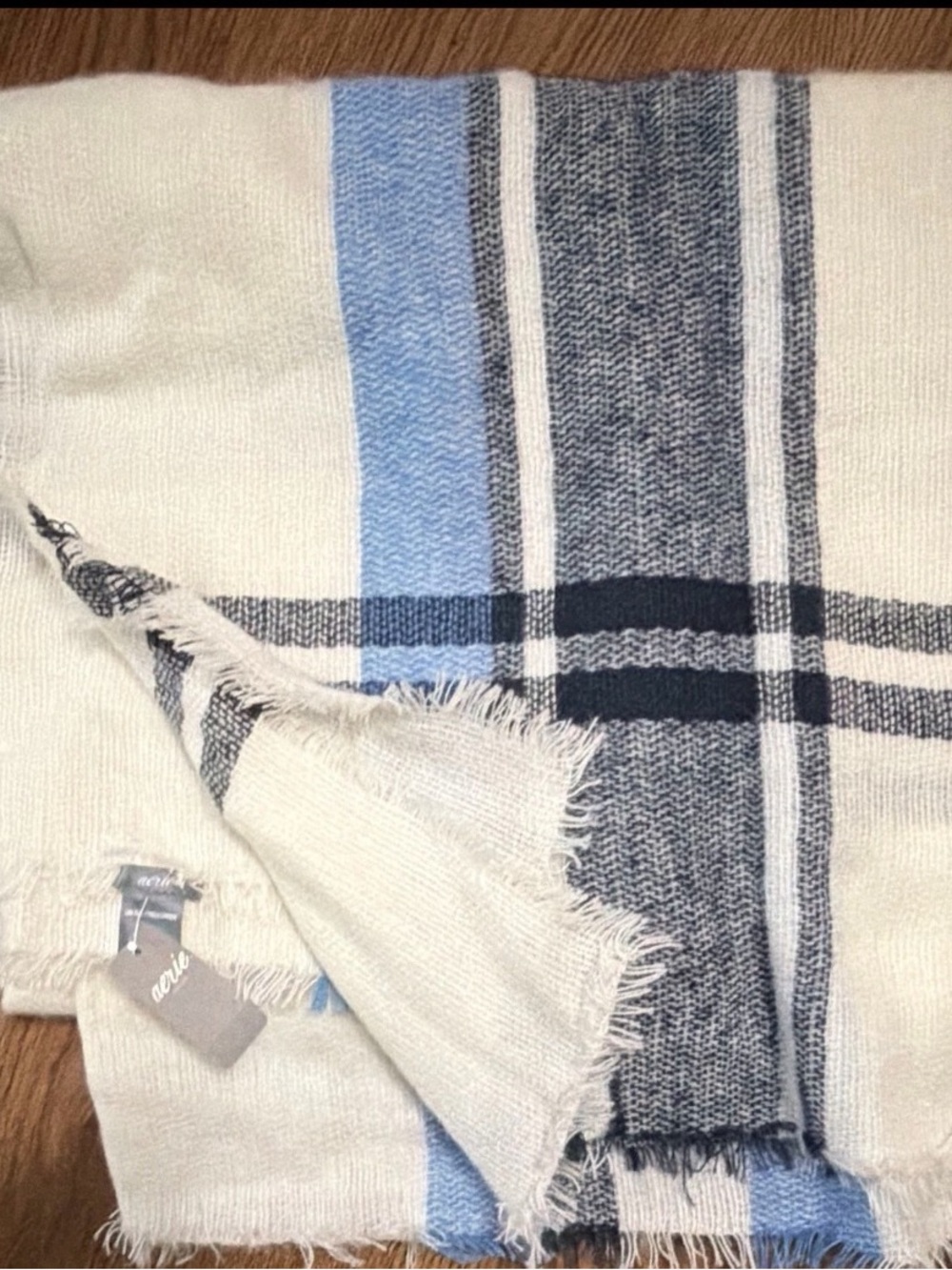 Aerie Oversized Cream Blue Gray Plaid Fringe Scarf One Size NWT